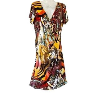 Frank Lyman Y2K Butterfly Print Midi Dress V Neck Wrap Look with Rouching  10